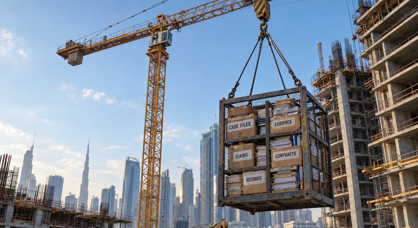 A yellow tower crane hoists a steel cage of boxes labelled Case Files, Evidence, Claims, Contracts and Records over a Dubai construction site.